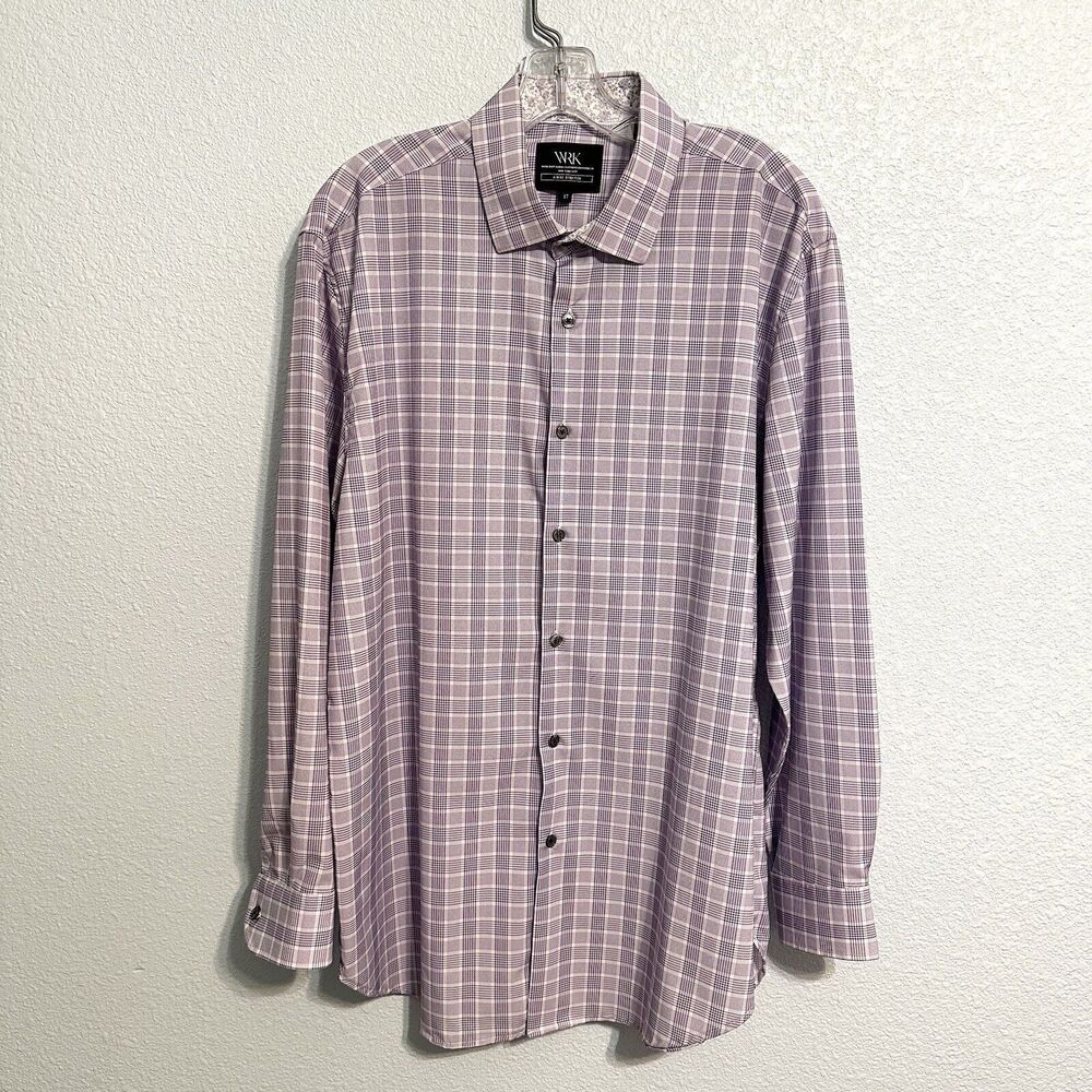 WRK Button Down Long Sleeve Shirt Mens 17 Plaid Purple 4 Way Stretch Flip Cuff